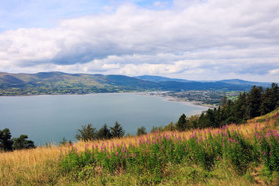 Scenic view of lake and mountains against sky