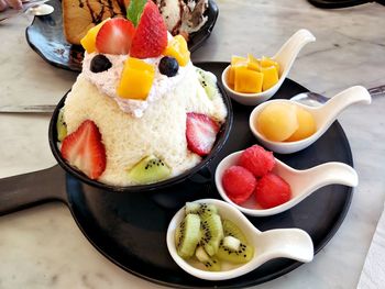 High angle view of breakfast on table