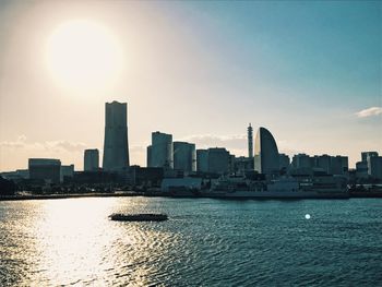 City at waterfront during sunset