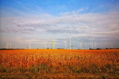 Wind turbines on field against sky