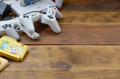 High angle view of stuffed toy on hardwood floor