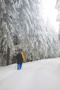 Rear view of people walking on snow covered mountain