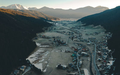 High angle view of city street during winter