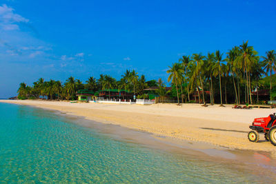 View of people on beach against blue sky