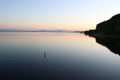 Scenic view of lake against clear sky during sunset