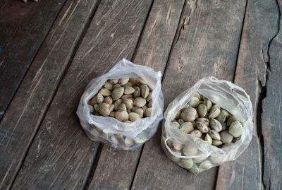 High angle view of clams on table