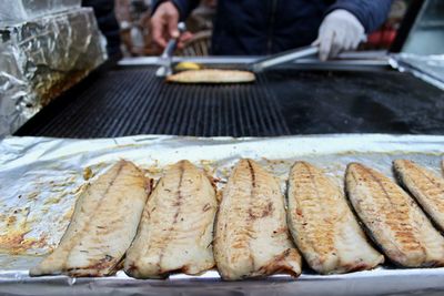 Close-up of meat on barbecue grill