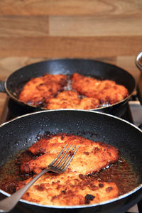 High angle view of meat in cooking pan