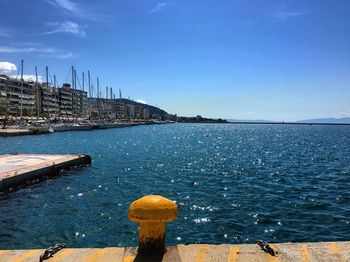 Scenic view of sea against clear blue sky