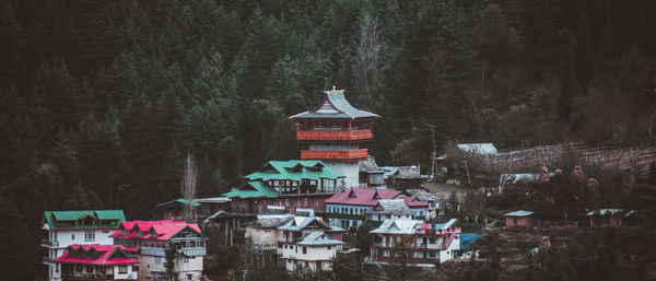 View of temple in village against dense forest