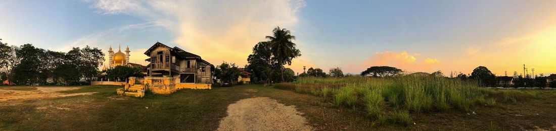 Panoramic shot of trees on field against sky during sunset