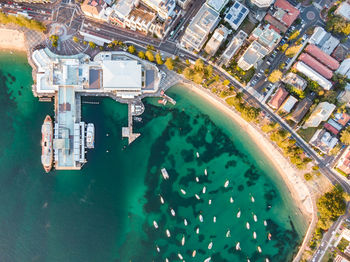 Bird's eye drone view of manly wharf in manly, sydney, new south wales, australia.