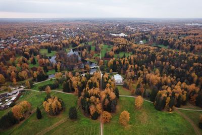 High angle view of trees on field against sky