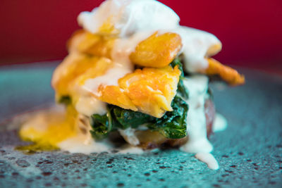 Close-up of dessert served on table