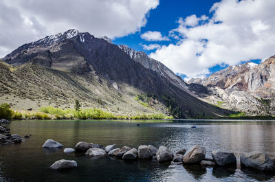 Scenic view of lake and mountains against sky