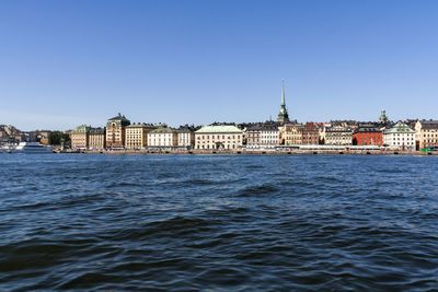 River by buildings against clear blue sky at strandvagen