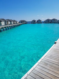 Scenic view of swimming pool by sea against clear blue sky