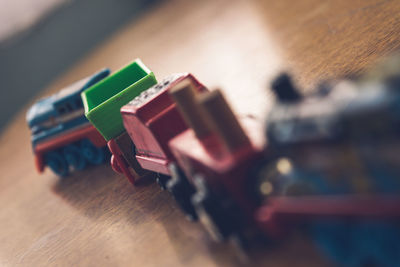 High angle view of toy car on table
