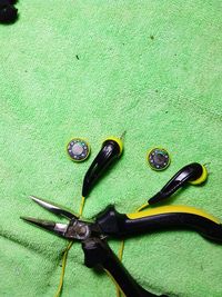 High angle view of various objects on table