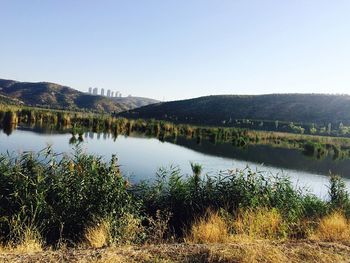 Scenic view of lake against clear sky