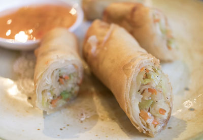 Close-up of spring rolls with sauce in plate