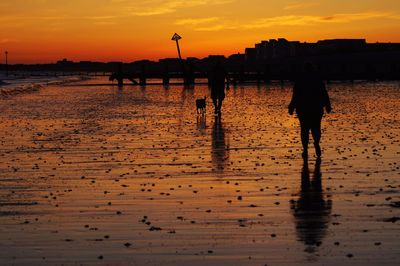 Silhouette people walking on beach during sunset