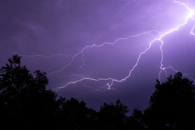 Low angle view of lightning against sky at night