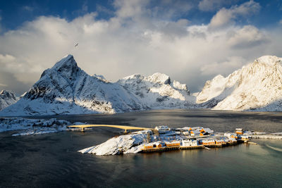 Scenic view of snow covered mountains against sky