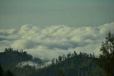 Scenic view of mountain in foggy weather against sky