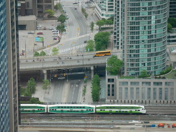 High angle view of train in city