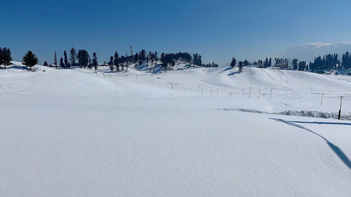 Snow covered landscape against sky