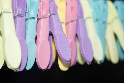 Close-up of multi colored wet clothespins