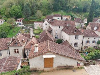 High angle view of buildings in town