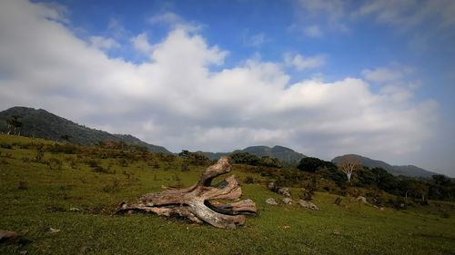 Scenic view of land and mountains against sky