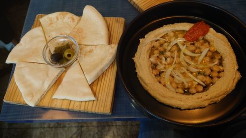 High angle view of food in plate on table
