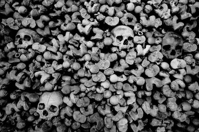 High angle view of human skulls and stones