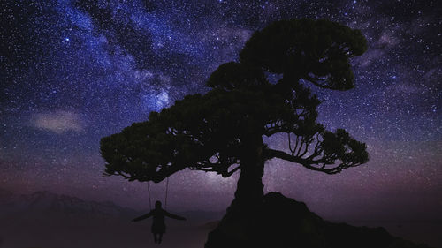 Person on swing hanging from tree against star field