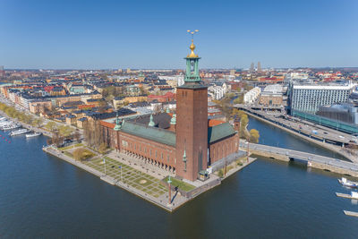 Stockholm city hall and cityscape with beautiful old town architecture. sweden. drone point of view.