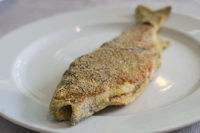High angle view of meat in plate on table