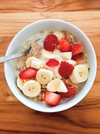 High angle view of strawberries in bowl