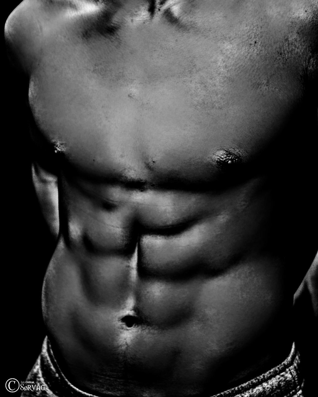 real people, shirtless, one person, men, lifestyles, strength, indoors, black background, close-up, young adult, abdomen, day