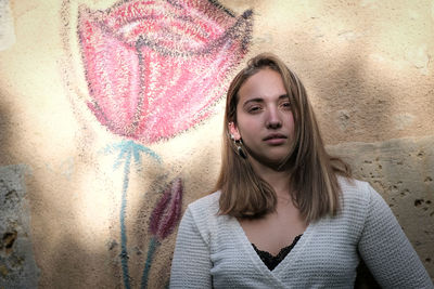 Portrait of young woman standing against wall