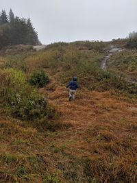 Rear view of man walking on field