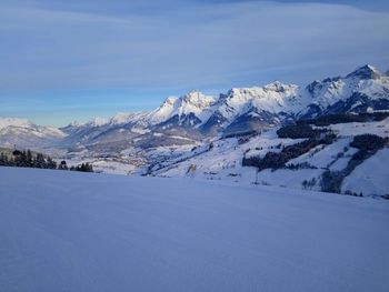 Scenic view of snowcapped mountains against sky