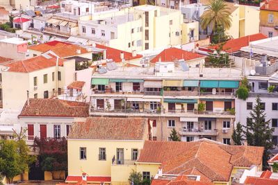 High angle view of residential buildings in city