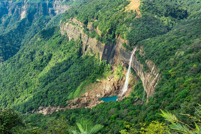 Waterfall streams falling from mountain top covered with green forests at day