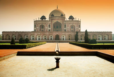 Low angle view of humayuns tomb against clear sky on sunny day