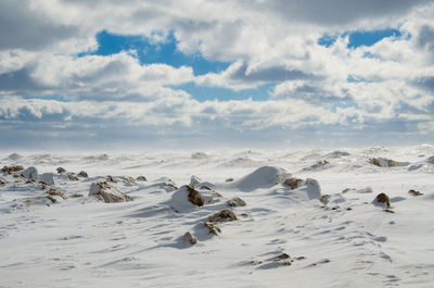 Scenic view of snow covered landscape against sky