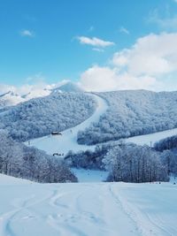 Scenic view of snowcapped mountains against sky