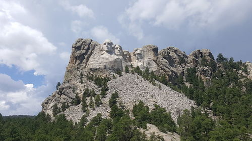 Low angle view of statue on cliff against sky